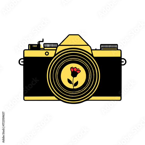 Vintage camera icon with red rose lens, artistic photography concept, perfect for creative projects