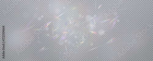 Set of rainbow light flares, reflection effect, falling confetti. Light rainbow lights with transparent effect, sparkling prism, stripe overlay, rainbow crystal, vector, png.	
