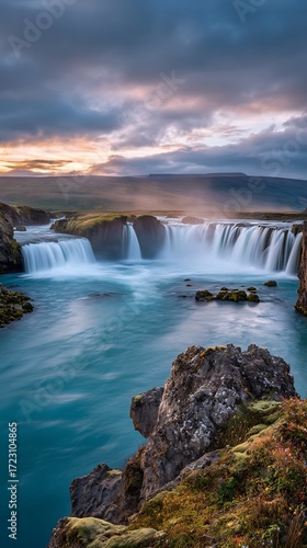 Godafoss Waterfall Iceland Long Exposure View at Sunrise