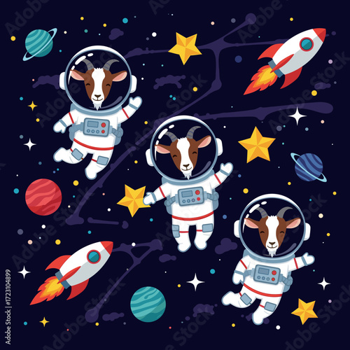 Cartoon astronaut goats float happily in starry space with rockets and colorful planets Childhood dream concept