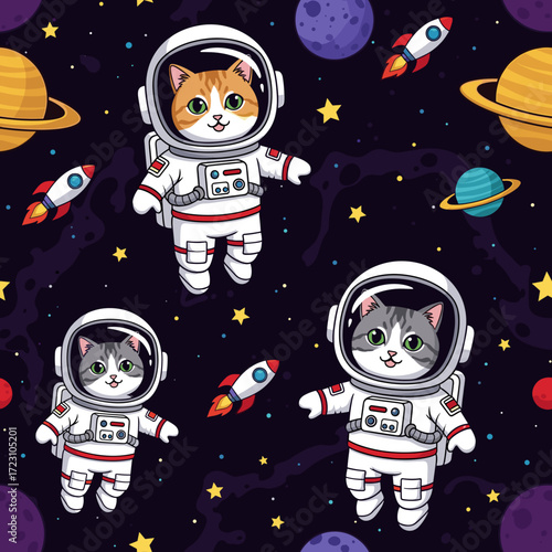 Cute astronaut cats explore the whimsical universe among planets rockets and stars Space adventure