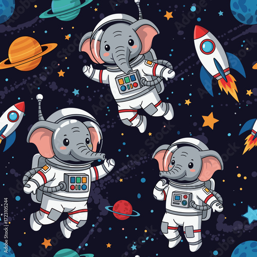 Cute cartoon elephants as astronauts explore space with rockets and planets Fun adventure education
