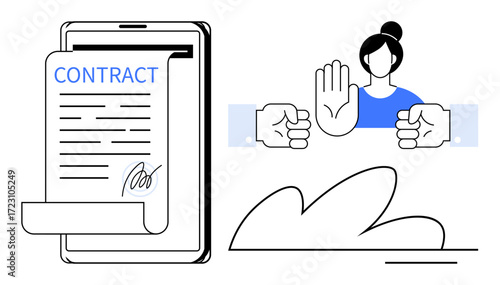 Electronic contract on tablet, woman making stop gesture against conflict, handshake hinting resolution. Ideal for business, negotiation, law, technology, teamwork, communication decision-making