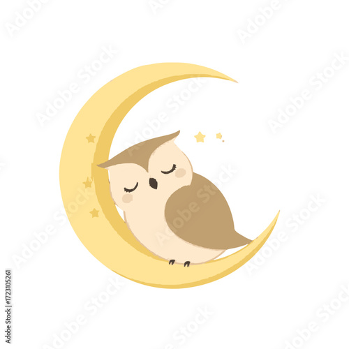Adorable sleeping owl perched serenely on the moon with twinkling stars, sweet dreams illustration