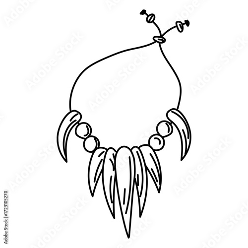 Animal teeth necklace, Native American doodle style. Leather strap with sharp fangs of wild animals, bones with beads. Necklace. Handmade product. Engraving, graphics, shading. American Indians