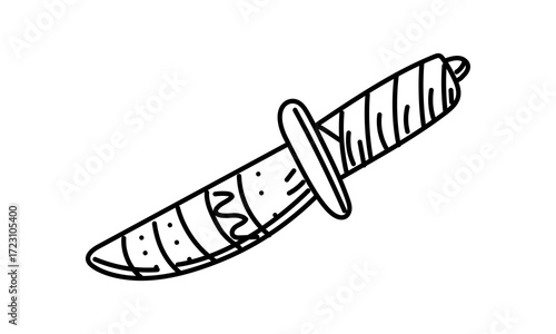Knife in leather sheath with embroidery, Native American weapon in style doodle. sharp blade is hidden wooden handle tied leather. Handmade product. Engraving, graphics, shading. American Indians
