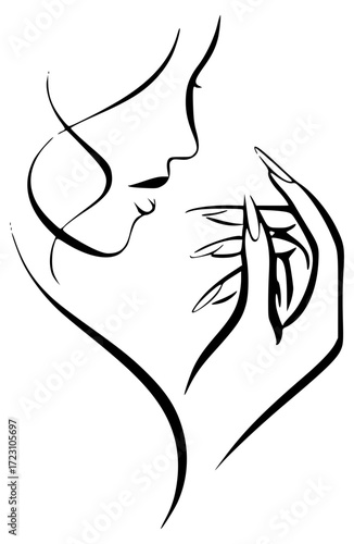 A woman's profile with a hand and nails. Beauty salon and spa