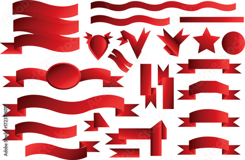 Set of red ribbons, hearts, and award-style badges for banners or graphic elements.