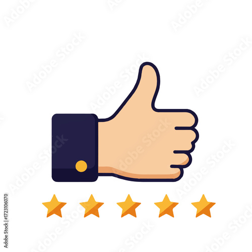 Thumbs up and five star rating icon with a businessman's hand giving a positive approval gesture