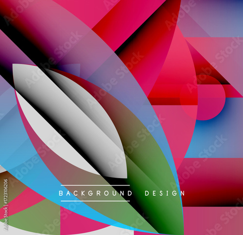 Abstract geometric shapes overlap, creating vibrant colorful composition. Smooth gradients blend reds, blues, greens, pinks. Modern design element.