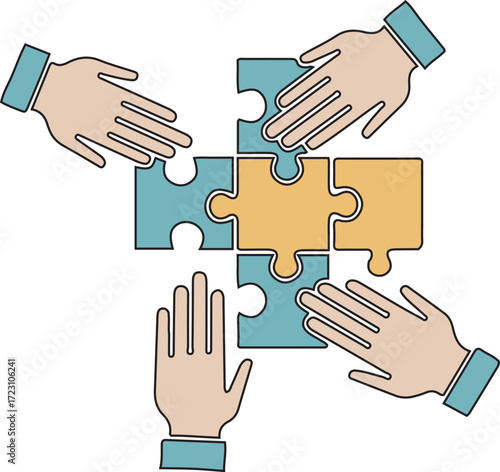Four hands connecting puzzle pieces, symbolizing teamwork, collaboration, and unity.