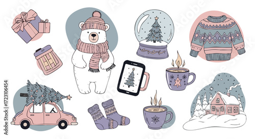 Delightful winter scene with cozy bear, gifts, snowy landscapes, and holiday charm for festive designs and heartwarming seasonal projects