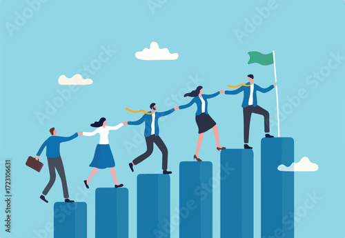 Teamwork to success together, employee career path or partnership support to help business growing, team collaboration or mentor and training concept, business people help team climbing growth chart