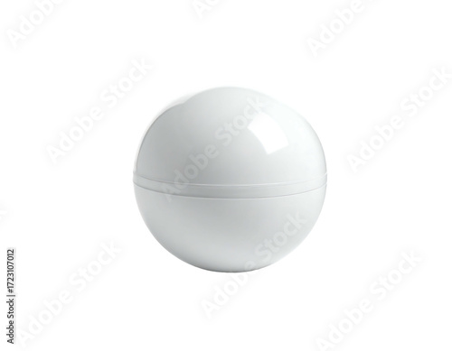 A pristine white spherical container, seemingly made of plastic, with a subtle horizontal line indicating a possible lid or two-part design.  The surface appears smooth and glossy