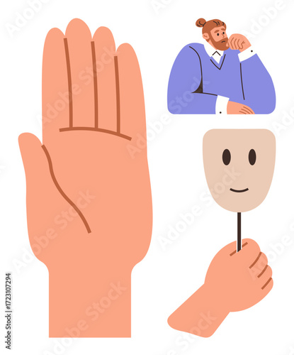 Open hand emphasizes stop or attention, man pondering symbolizes thoughtfulness, hand holding mask suggests hidden emotions or duality. Ideal for psychology, emotion, decision-making, anonymity