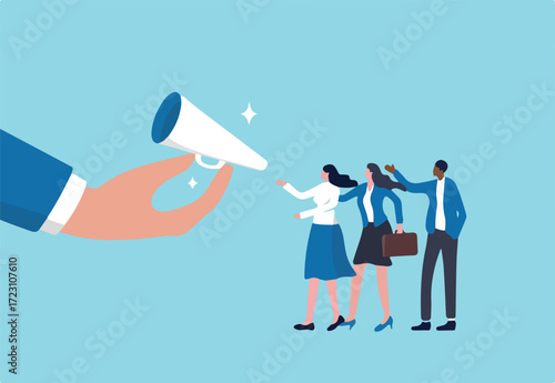 Encourage employee voice, advocacy or support opinion, contribution or help, listen to ideas or communication, staff encouragement concept, businessman hand offer megaphone for employee to speak out