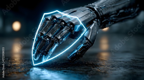 Futuristic Robot Hand with Blue Shield Glow on Dark Background