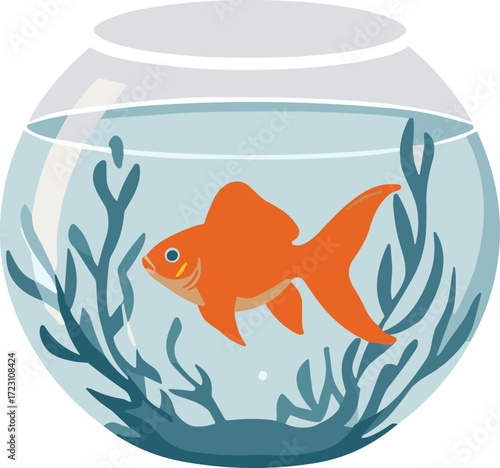 goldfish in fishbowl, aquatic plants, pet care, underwater scene, stylized illustration, clear water, home decor, aquarium art