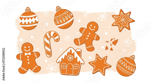 Whimsical gingerbread cookies and festive ornaments create a charming holiday scene perfect for Christmas promotions and winter designs