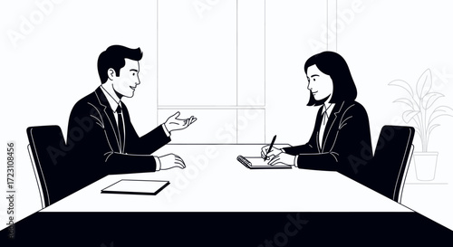 Illustration depicting business professionals engaged in a meeting at a conference table