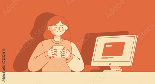 Woman enjoying coffee break while working at home office with computer online shop
