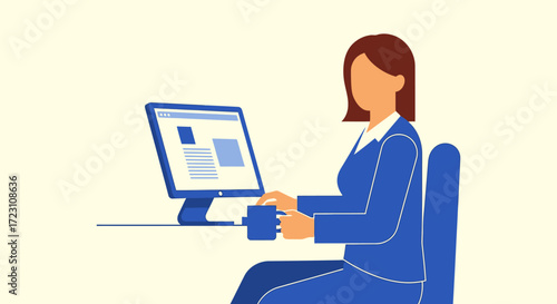 Businesswoman working at her desk with computer and coffee illustrating a productive work