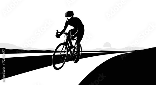 Monochromatic cycling silhouette on a road to freedom and healthy lifestyle