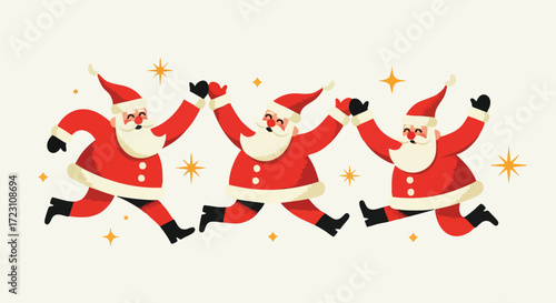 Joyful Santas running and celebrating, spreading holiday cheer with festive stars and a whimsical, celebratory mood