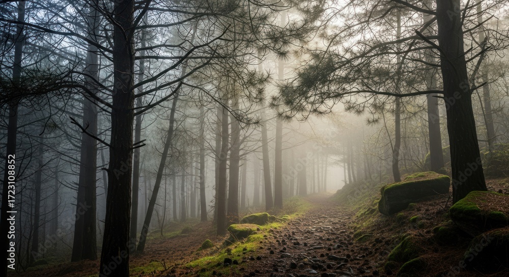 Fototapeta premium Sunlit Path Through a Misty Forest - Natures Serene Embrace.