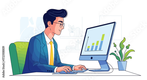 Professional analyzes business growth statistics displayed on computer screen at desk