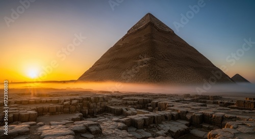 Sunrise over the Great Pyramid of Giza with atmospheric mist.