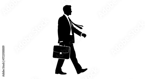Silhouette of a confident businessman walking with a briefcase symbolizing ambition and success in