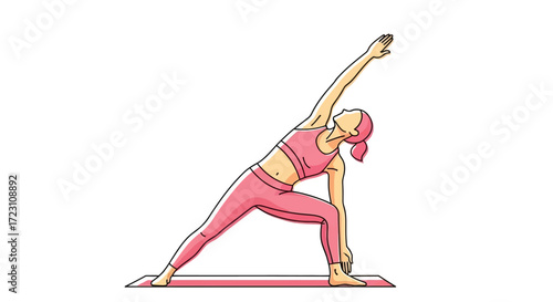 Woman performing triangle pose yoga on mat isolated on white background illustration