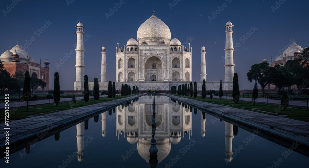 Obraz premium Taj Mahal at Night with Reflection in Water.