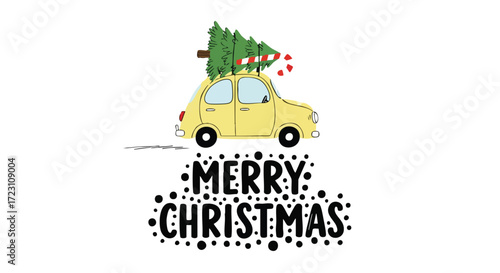 Adorable yellow car carrying Christmas tree and candy cane delivering holiday cheer and spreading joy this festive season with Merry Christmas wishes