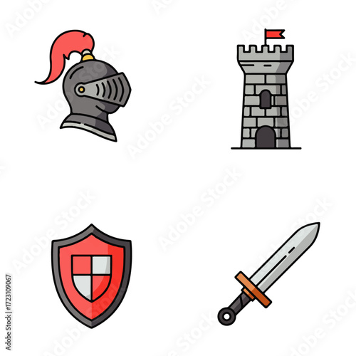 Medieval Knight Icons Helmet, Castle, Shield, Sword