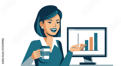Business woman with coffee cup presents a positive growth chart on computer screen