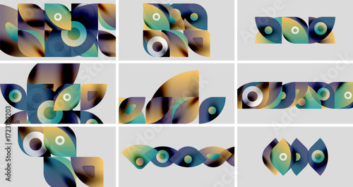 Abstract colorful shapes arranged in grid. Overlapping forms create dynamic visual patterns. Soft gradients, smooth transitions present.