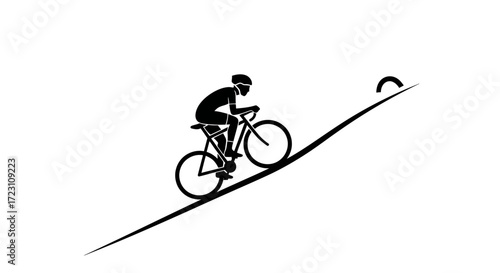 Minimalist Silhouette of a Cyclist Climbing a Steep Hill with Symbolic Finish Line
