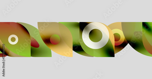 Abstract shapes overlap, creating colorful patterns. Gradient hues blend, forming organic forms against gray background.