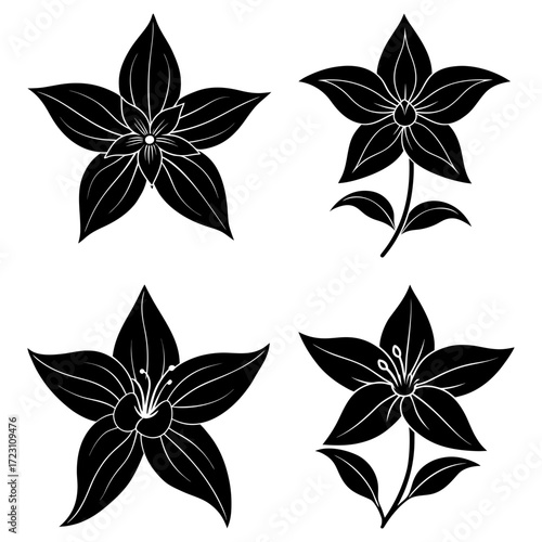 Four stylized black and white flowers with five petals and detailed centers in various orientations