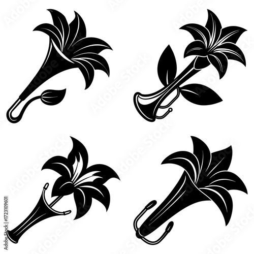 Four black and white stylized datura flowers with trumpet shaped blooms and pointed petals arranged artistically