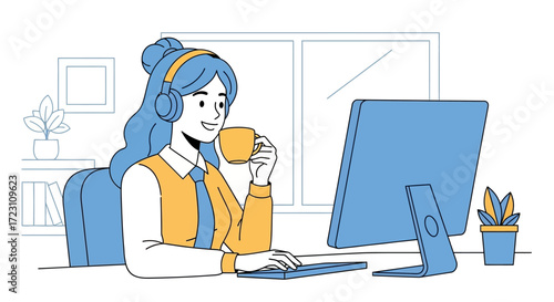 Illustration of a woman working from home with headphones and coffee enjoying her work