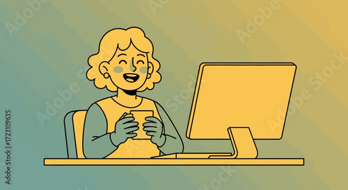 Illustration of a smiling woman working at a computer with a cup of coffee shows remote work setup