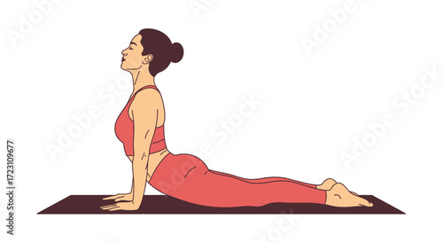 Illustration of a woman practicing upward facing dog yoga pose for wellness and exercise benefits