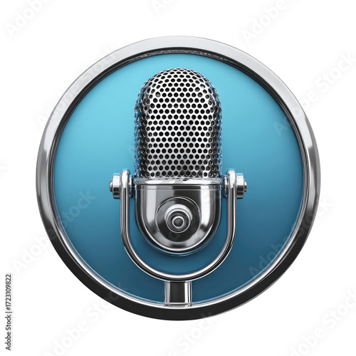 Circular button; microphone icon.  Metallic silver-toned microphone on light-blue circle