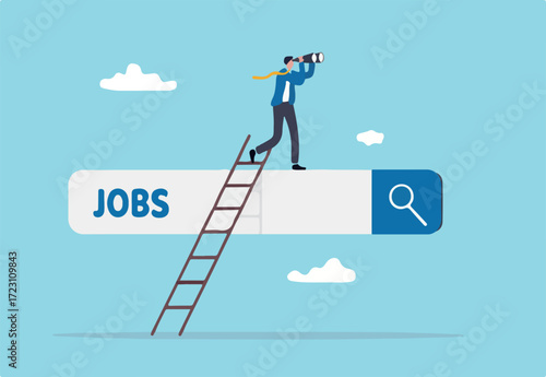 Looking for new job, employment, career or job search, find opportunity, seek for vacancy or work position concept, businessman climb up ladder of job search bar with binoculars to see opportunity.