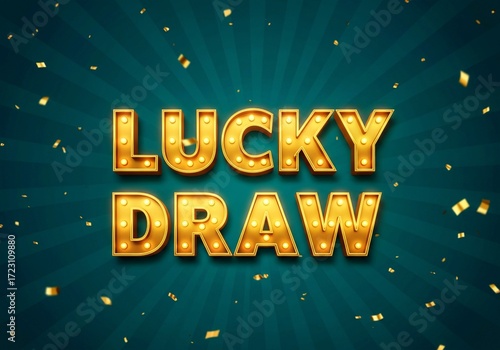happy new year 2026 background, Retro style sign with glowing marquee lights announces a lucky draw. Golden confetti falls around the teal background. Offers excitement and anticipation for games of c