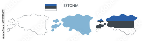 Estonia country geographical borders isolated on white background. Estonia flag. Vector flat cliparts.