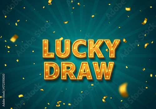 happy new year 2026 background, Retro style sign with glowing marquee lights announces a lucky draw. Golden confetti falls around the teal background. Offers excitement and anticipation for games of c